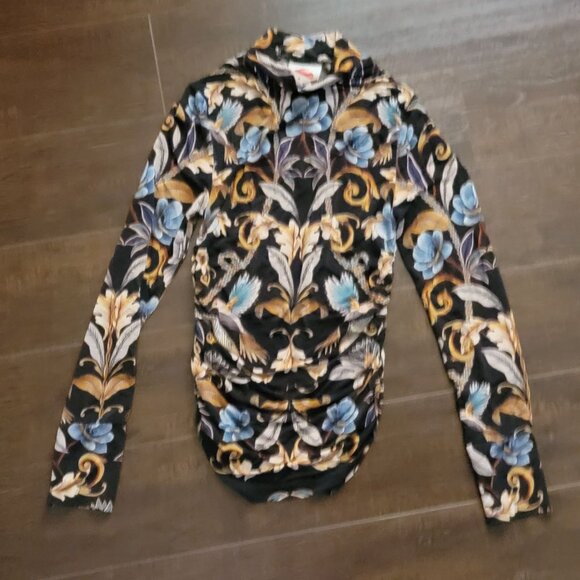 Farm Rio Black Flowerful Garden Jersey Blouse Womens S Mesh Floral Boho Chic - Picture 2 of 8